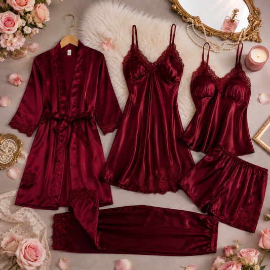 5-Piece Satin Pyjama Set – Burgundy