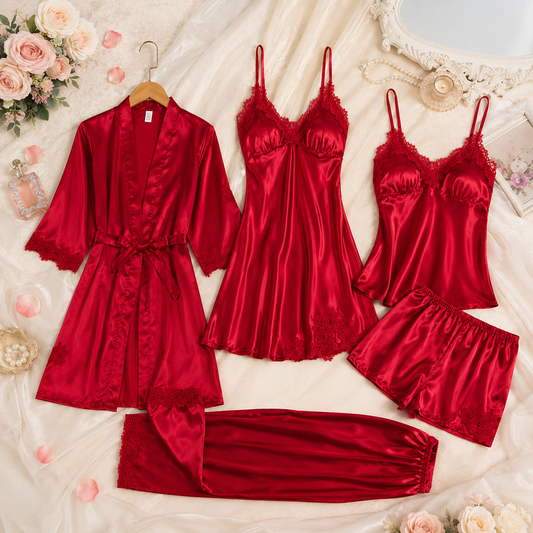 5-Piece Satin Pyjama Set – Red