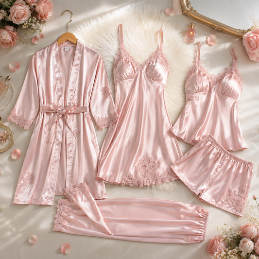 5-Piece Satin Pyjama Set – Pink